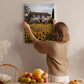 A woman hangs a framed picture of a house with a sunflower field in the background on a wall in a cozy, homely setting.