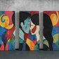 three paintings of a couple kissing each other