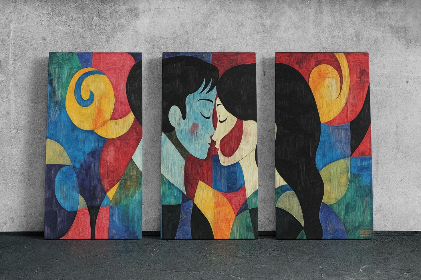 three paintings of a couple kissing each other