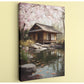 A traditional Japanese-style wooden cabin sits on a rock in a tranquil pond, surrounded by blooming cherry blossom trees and lush greenery.