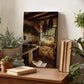 a wooden table with various potted plants, books, and a framed photograph of a rustic kitchen scene.