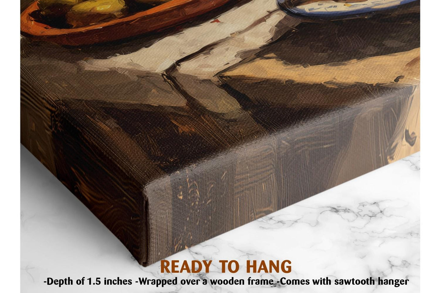 The image is a close-up of a wooden frame with a painting of a bowl of fruit on it, placed on a marble surface.