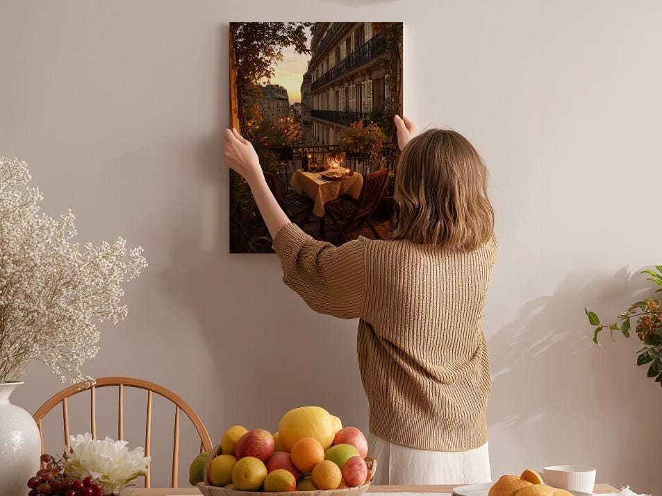 A woman hangs a framed picture of a city street scene on a wall in a cozy, homely setting.