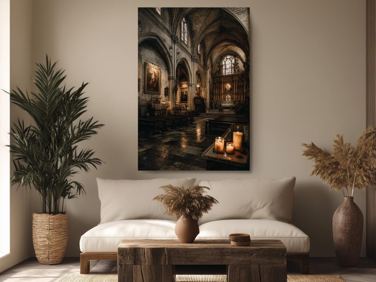 a serene and elegant living room with a large, ornate church interior as the focal point. The room is adorned with a plush white sofa, a wooden coffee table, and various decorative elements such as potted plants and vases. The overall atmosphere of the room is warm and inviting, with the church&#39;s architectural details and lighting creating a sense of tranquility and reverence.