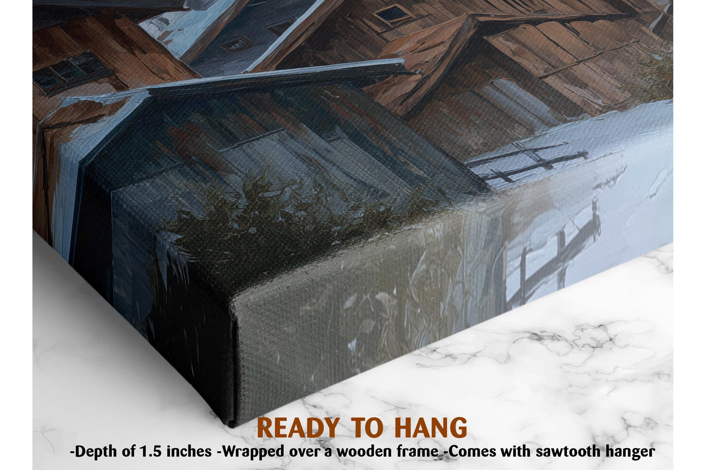 The image is a painting of a wooden house with a wooden frame, and it is described as a ready-to-hang canvas.