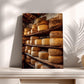 A wooden shelf displaying an assortment of various types of cheese.