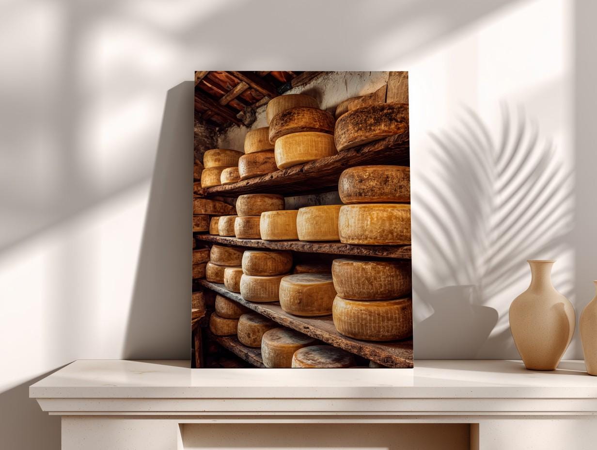 A wooden shelf displaying an assortment of various types of cheese.
