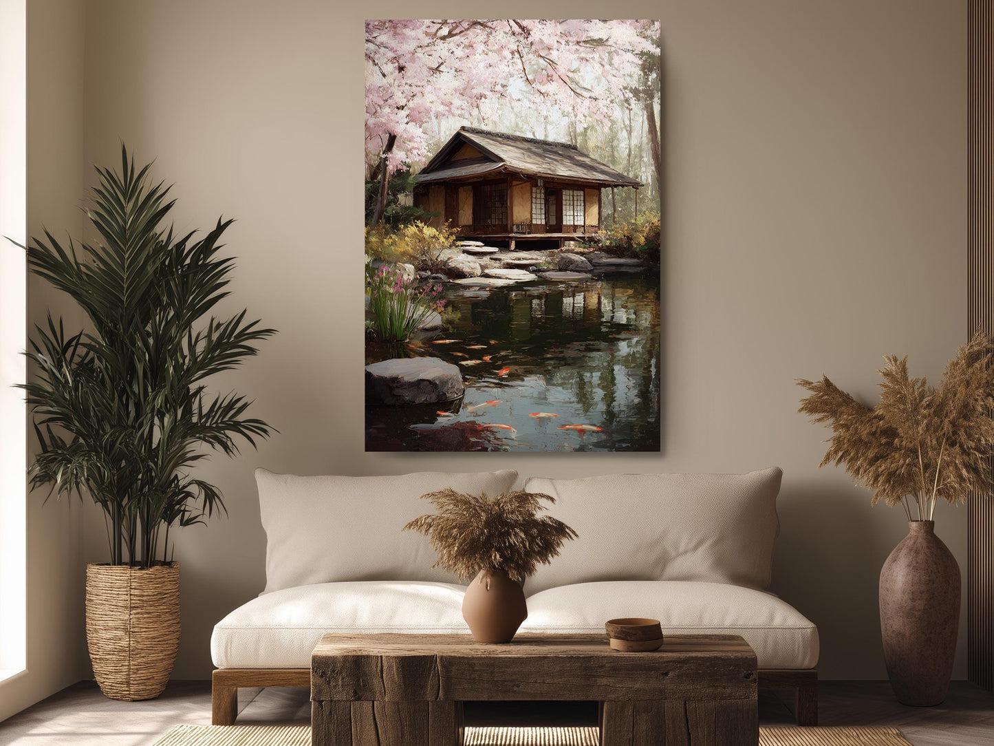 a serene living room with a large painting of a Japanese-style house with a pond and cherry blossoms hanging on the wall. The painting is surrounded by various decorative elements, including potted plants, vases, and a wooden coffee table.