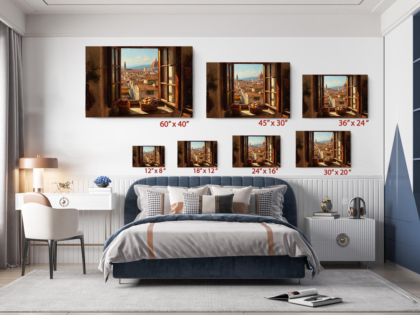 The image is a bedroom with a large bed, a desk, and a window with a view of a city. There are five framed pictures of city views displayed on the wall above the bed, each with a different size and resolution.