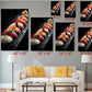 The image is a living room with a white couch and a coffee table. Above the couch, there are six framed images of sushi arranged in a row, each with a different size and orientation. The images are labeled with their respective sizes in inches, ranging from 40 to 36.