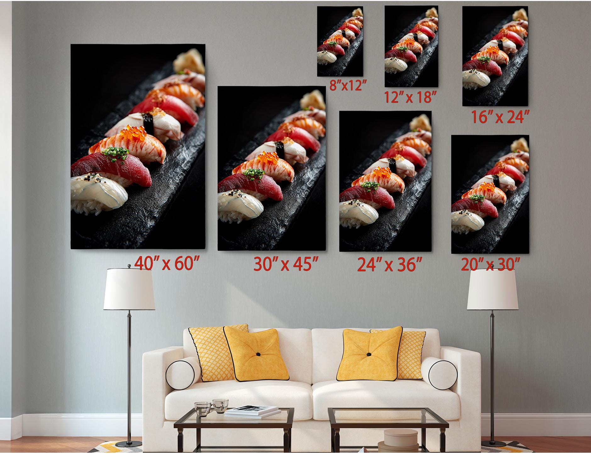The image is a living room with a white couch and a coffee table. Above the couch, there are six framed images of sushi arranged in a row, each with a different size and orientation. The images are labeled with their respective sizes in inches, ranging from 40 to 36.