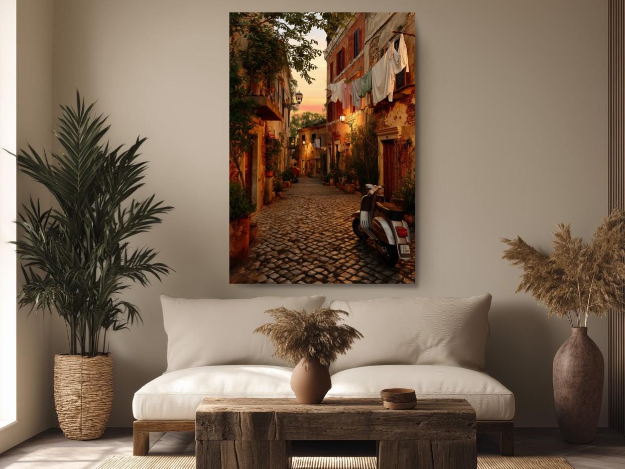 a narrow cobblestone street lined with colorful buildings, with laundry hanging from the buildings.