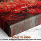 The image is a close-up of a canvas print featuring a vibrant red and orange autumn foliage pattern. The print is described as a &quot;Ready to Hang&quot; and is framed by a wooden frame. The print is described as having a depth of 1.5 inches and is wrapped over a wooden frame. It is also noted that the print comes with a sawtooth hanger.