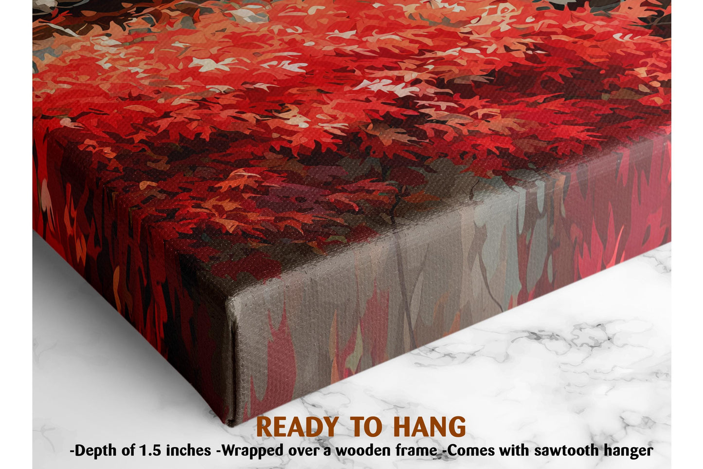 The image is a close-up of a canvas print featuring a vibrant red and orange autumn foliage pattern. The print is described as a &quot;Ready to Hang&quot; and is framed by a wooden frame. The print is described as having a depth of 1.5 inches and is wrapped over a wooden frame. It is also noted that the print comes with a sawtooth hanger.