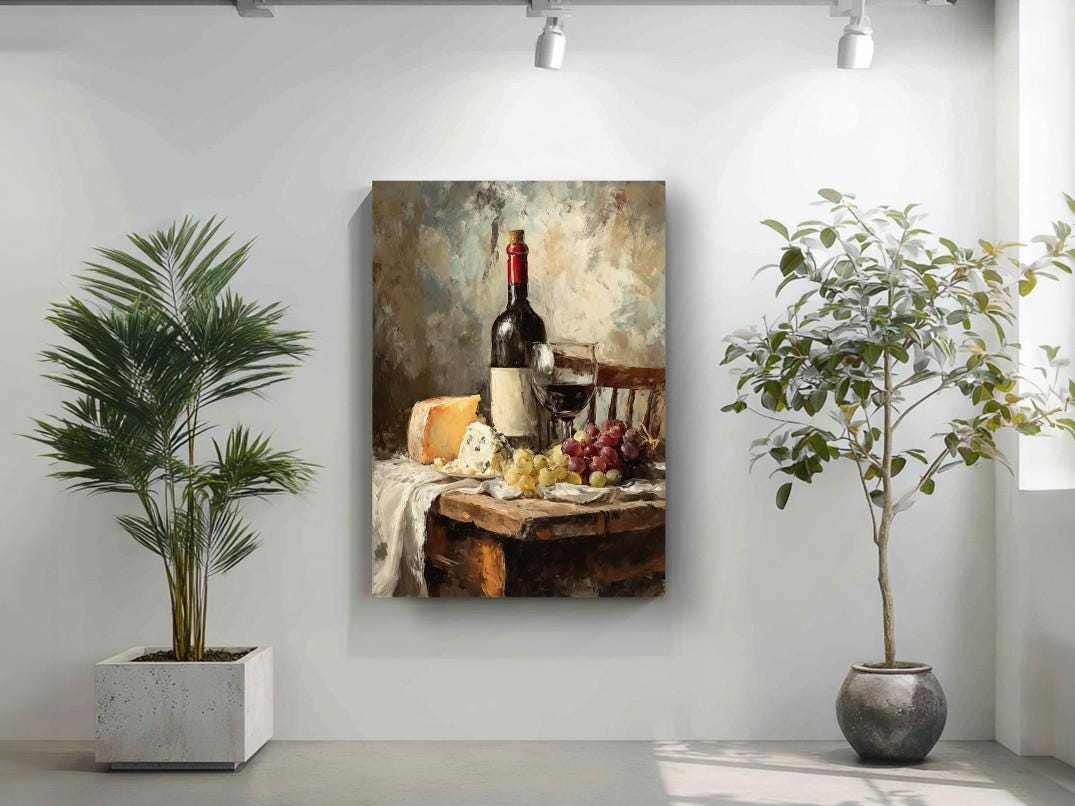 a painting of a table with a bottle of wine, cheese, and grapes, surrounded by potted plants.