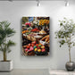 a vibrant market scene with a variety of fresh fruits and vegetables on display, including apples, oranges, and bananas. The market is set up in a room with a white wall, and there are two potted plants on either side of the wall, adding a touch of greenery to the scene.