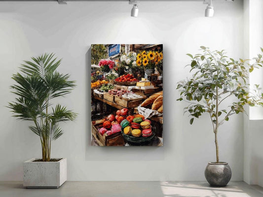a vibrant market scene with a variety of fresh fruits and vegetables on display, including apples, oranges, and bananas. The market is set up in a room with a white wall, and there are two potted plants on either side of the wall, adding a touch of greenery to the scene.