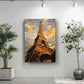 a large painting of the Eiffel Tower hanging on a white wall, with two potted plants placed on either side of the painting.