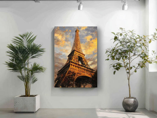 a large painting of the Eiffel Tower hanging on a white wall, with two potted plants placed on either side of the painting.