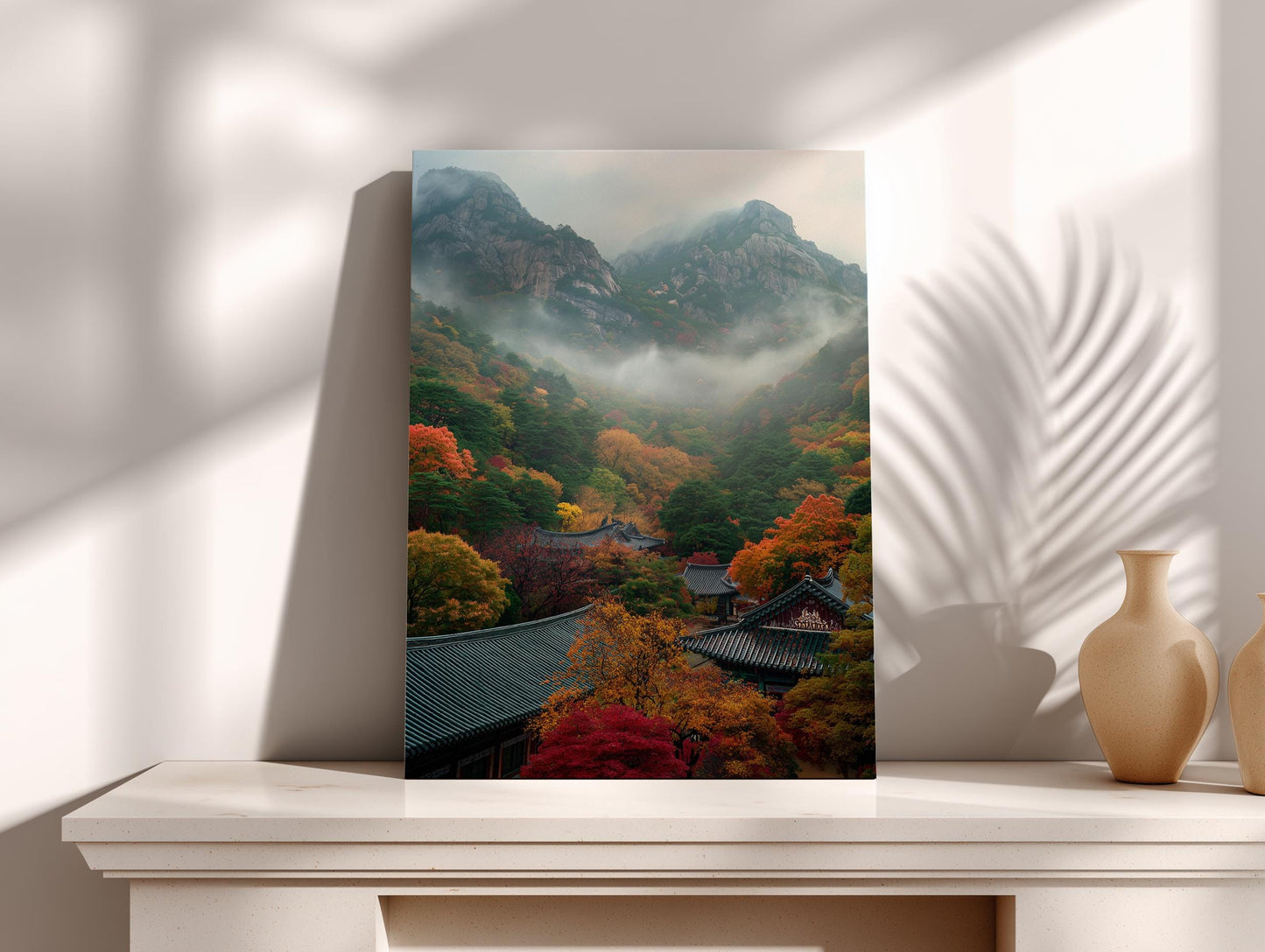 a serene mountainous landscape with a temple nestled amidst the trees, surrounded by a misty atmosphere.