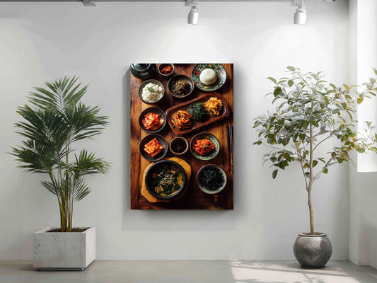 a wooden table with various bowls of food, including a bowl of soup, a bowl of noodles, and a bowl of vegetables, all arranged on it. The table is set against a white wall, with two potted plants placed on either side of it.