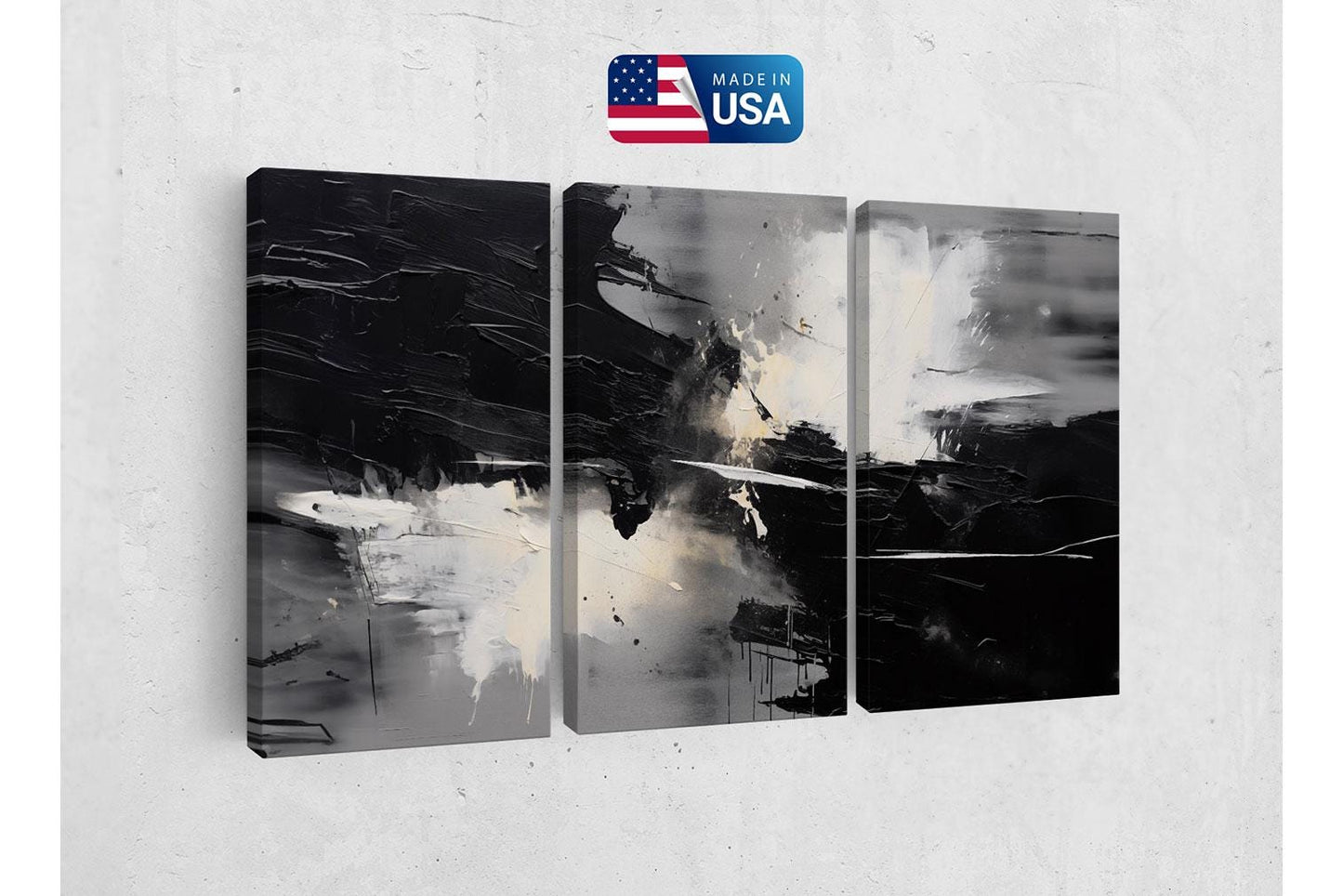 a black and white abstract painting on a wall
