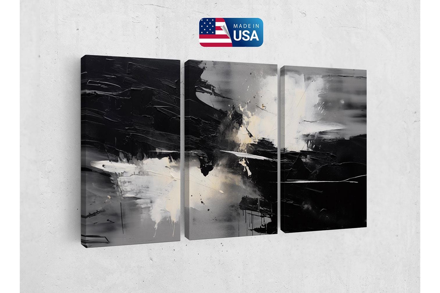 a black and white abstract painting on a wall