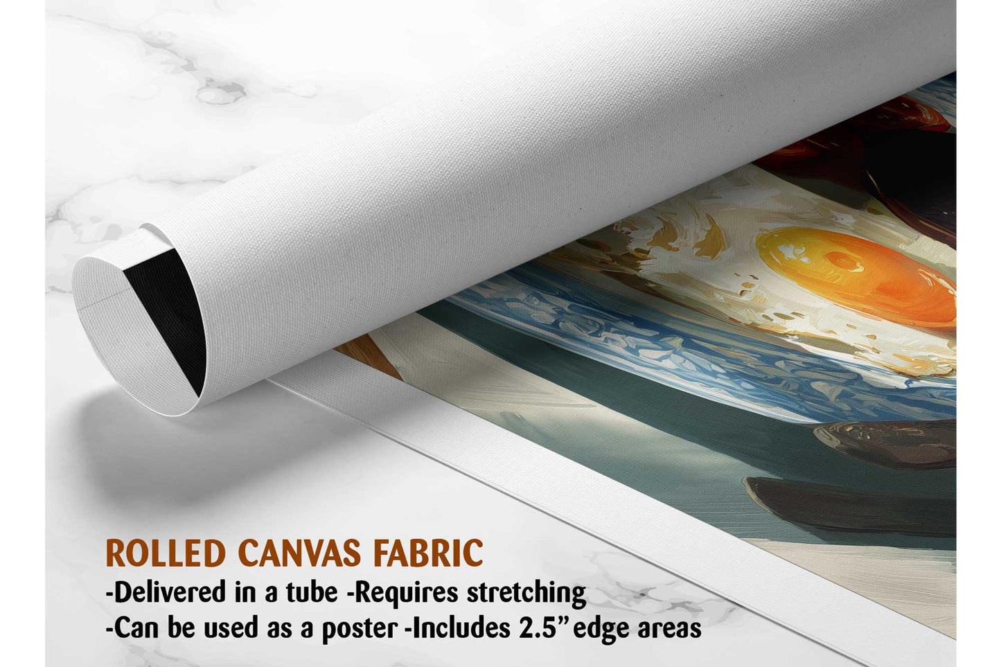 The image is a rolled canvas fabric, which is a type of canvas material used for creating posters or wall art. It is described as a tube-delivered fabric, which means it is delivered in a tube and requires stretching before use. The fabric can be used as a poster and includes a 2.5&quot; edge area.