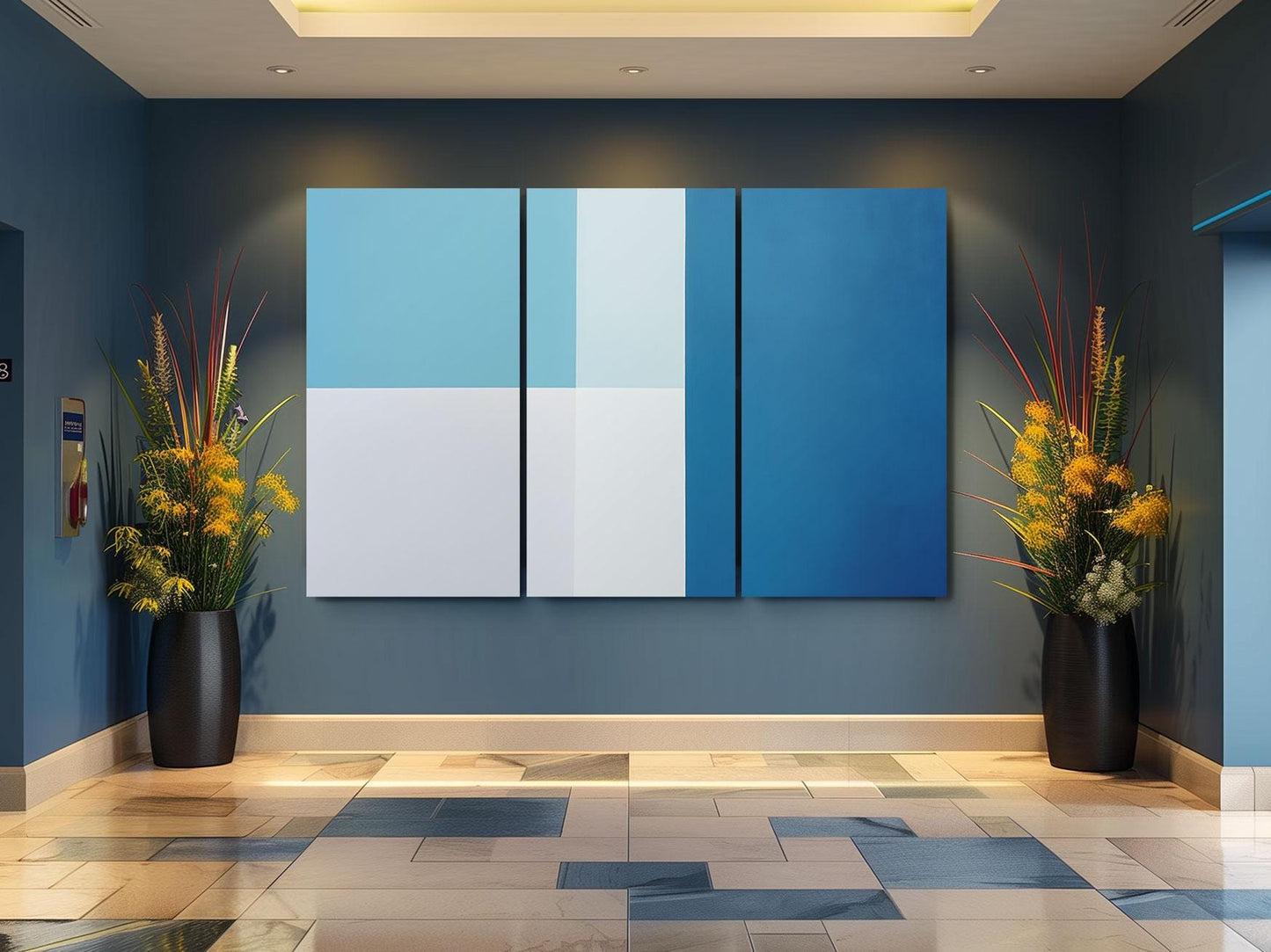 a blue and white room with two vases of flowers