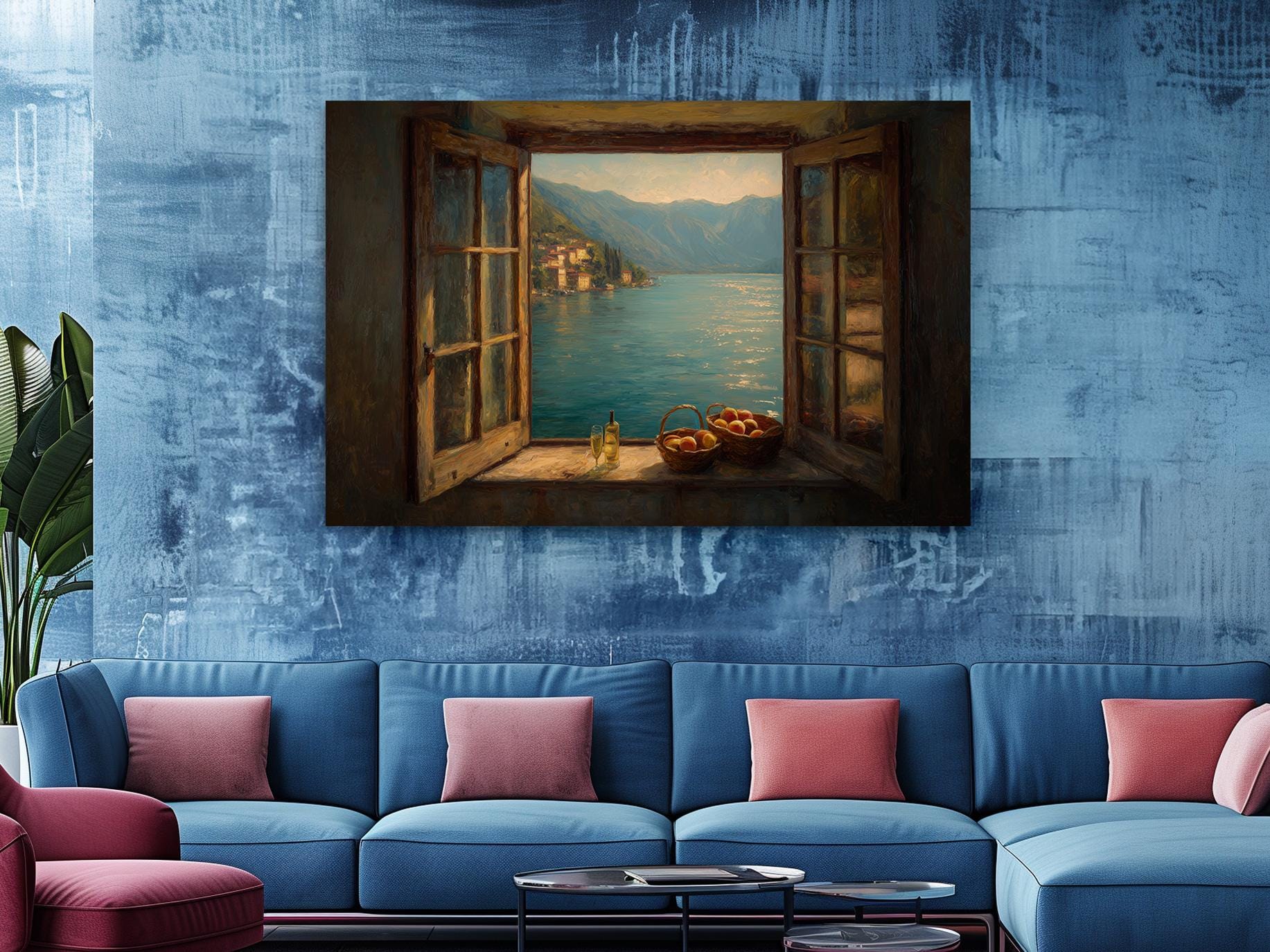 a large painting of a scenic view of a lake through an open window, with a small boat and baskets of fruit on the windowsill. The painting is hung on a blue wall above a blue couch with red throw pillows.