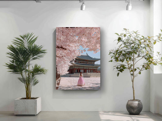 a woman in a pink dress standing in front of a large picture frame with a view of a traditional Japanese temple surrounded by cherry blossom trees.