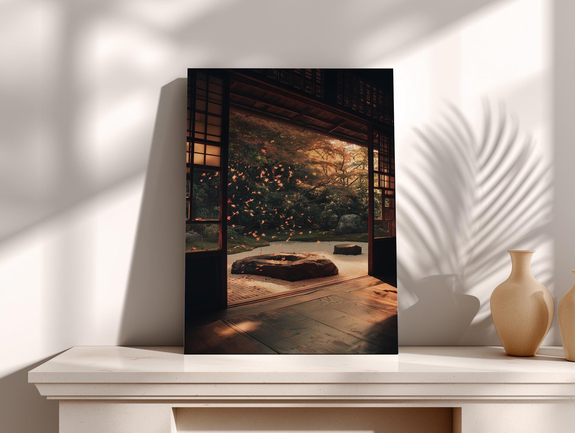 a serene indoor setting with a wooden floor, a stone fireplace, and a large window overlooking a garden with a Christmas tree.