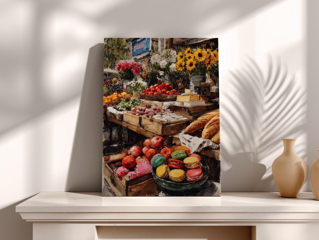 a vibrant fruit and vegetable market stall, with a variety of colorful produce such as apples, oranges, and bananas displayed in wooden crates and baskets. The stall is filled with an abundance of fresh fruits and vegetables, creating a lively and inviting atmosphere.