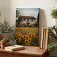 a wooden desk with a framed photograph of a house surrounded by a field of sunflowers, a potted cactus, and a stack of books.