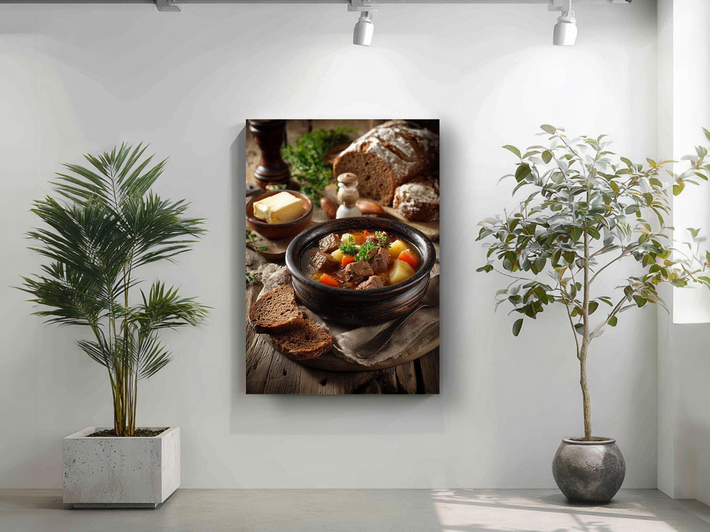 a cozy indoor setting with a bowl of stew, a loaf of bread, and a potted plant on a white wall.