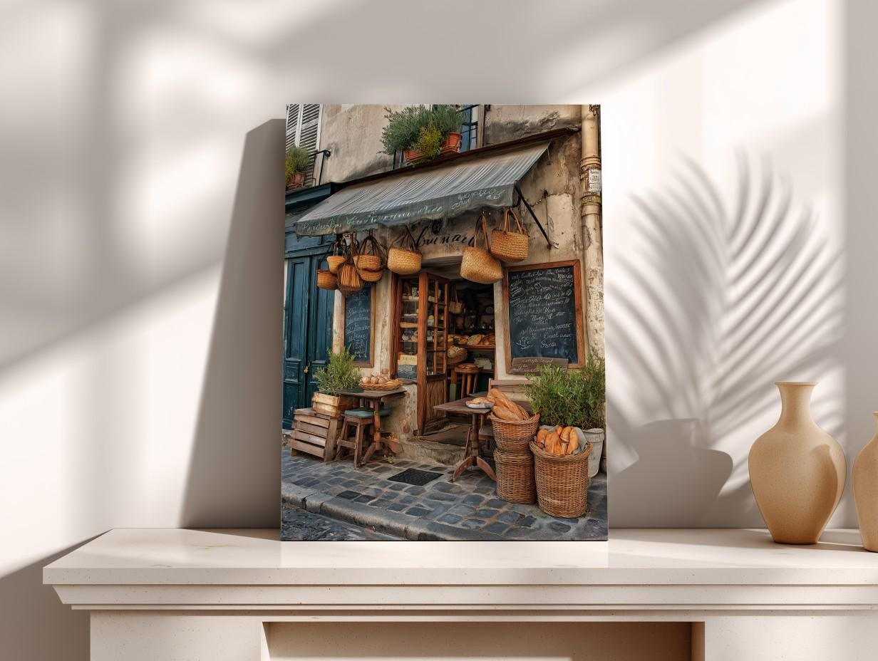 a quaint bakery with a chalkboard menu, wooden tables, and baskets of bread displayed outside the shop.