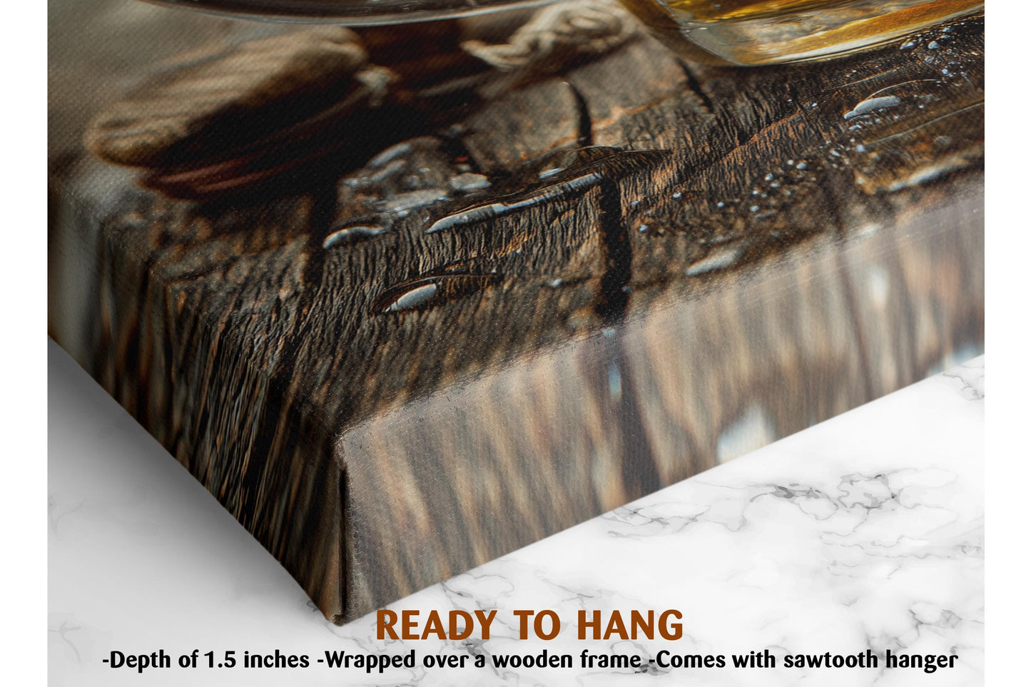 The image is a close-up of a wooden surface with water droplets on it, and it is described as a ready-to-hang artwork.