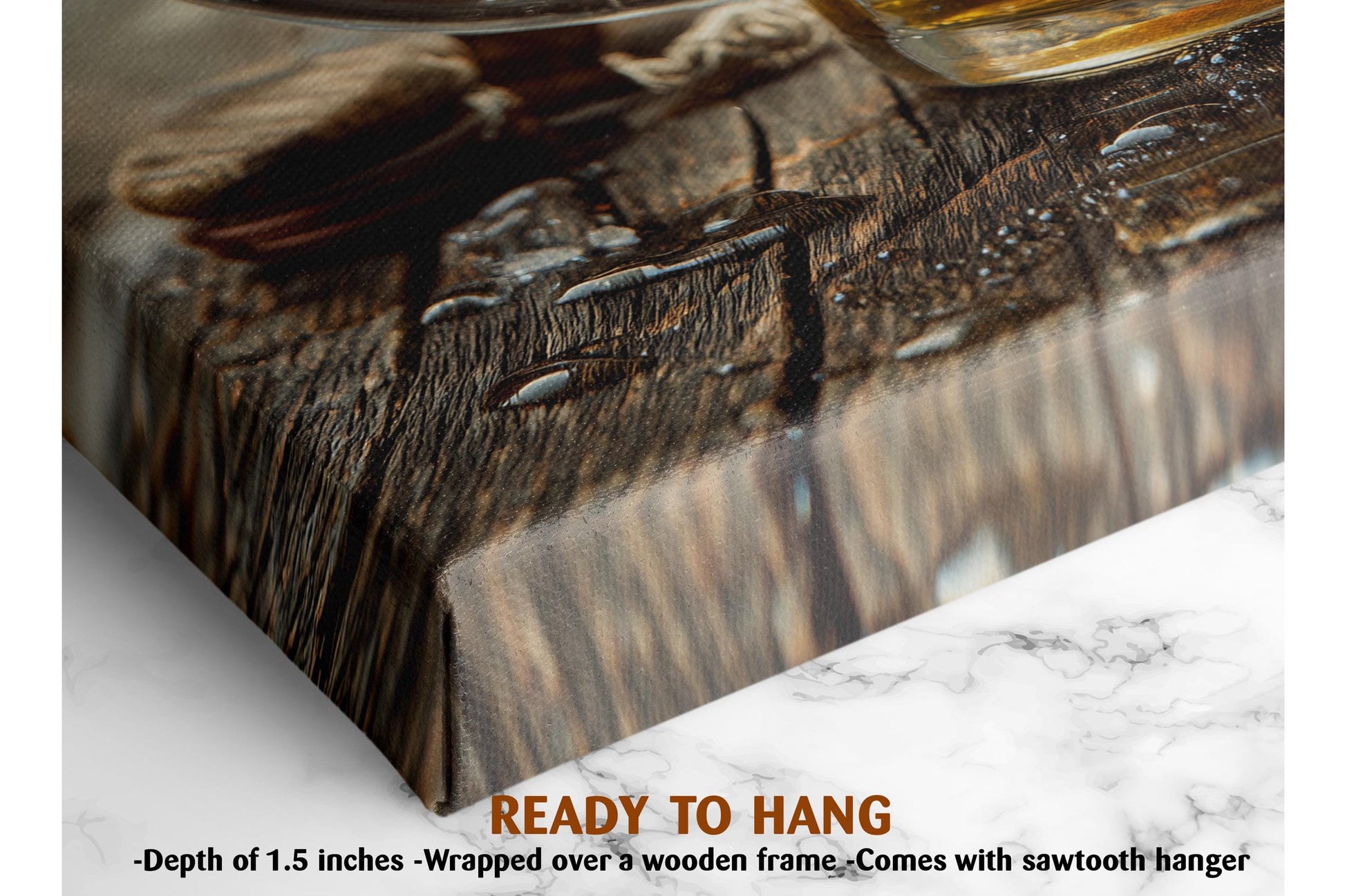 The image is a close-up of a wooden surface with water droplets on it, and it is described as a ready-to-hang artwork.