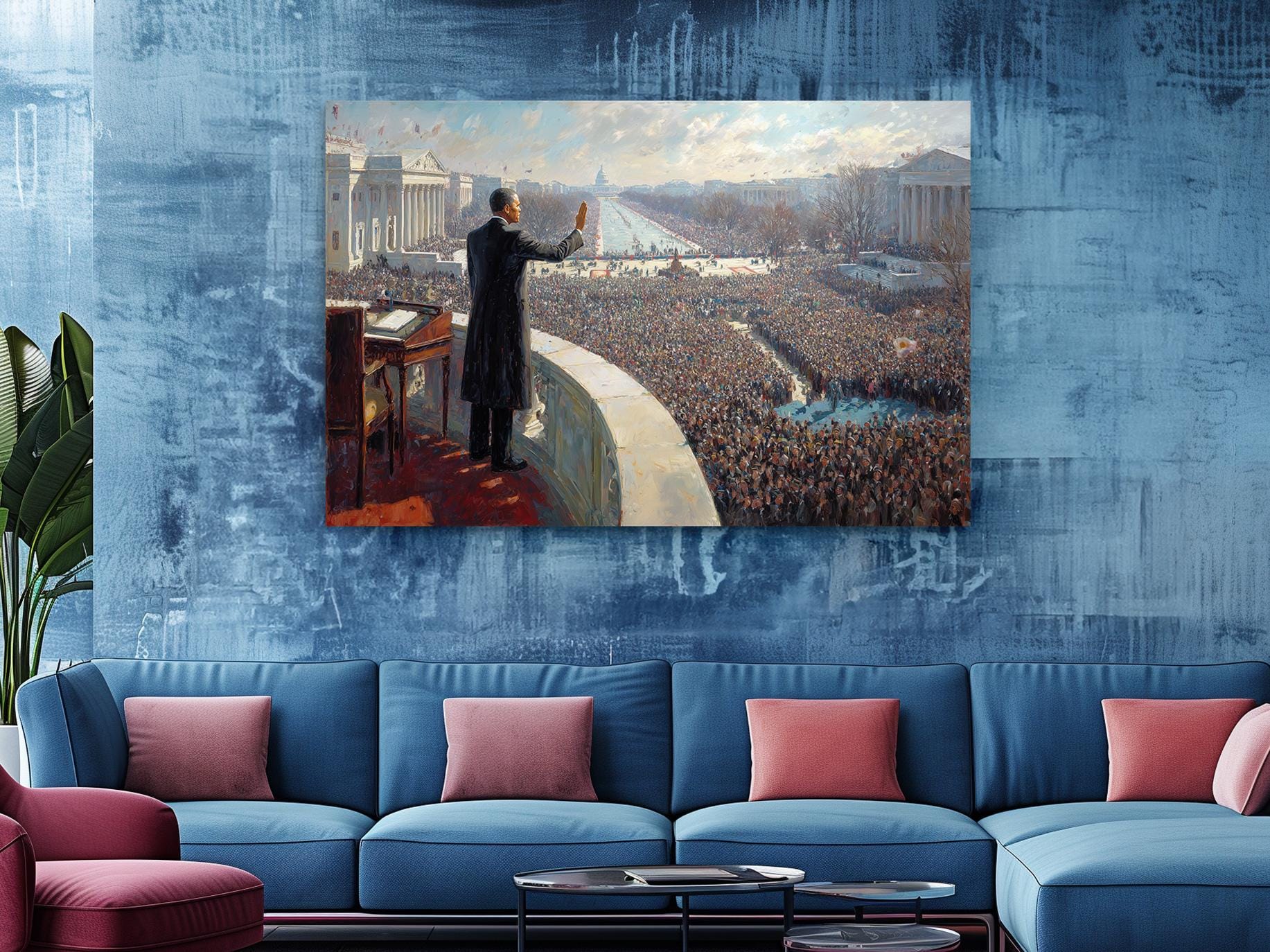 a large crowd of people gathered in front of a building, with a man standing on a balcony and addressing the crowd.