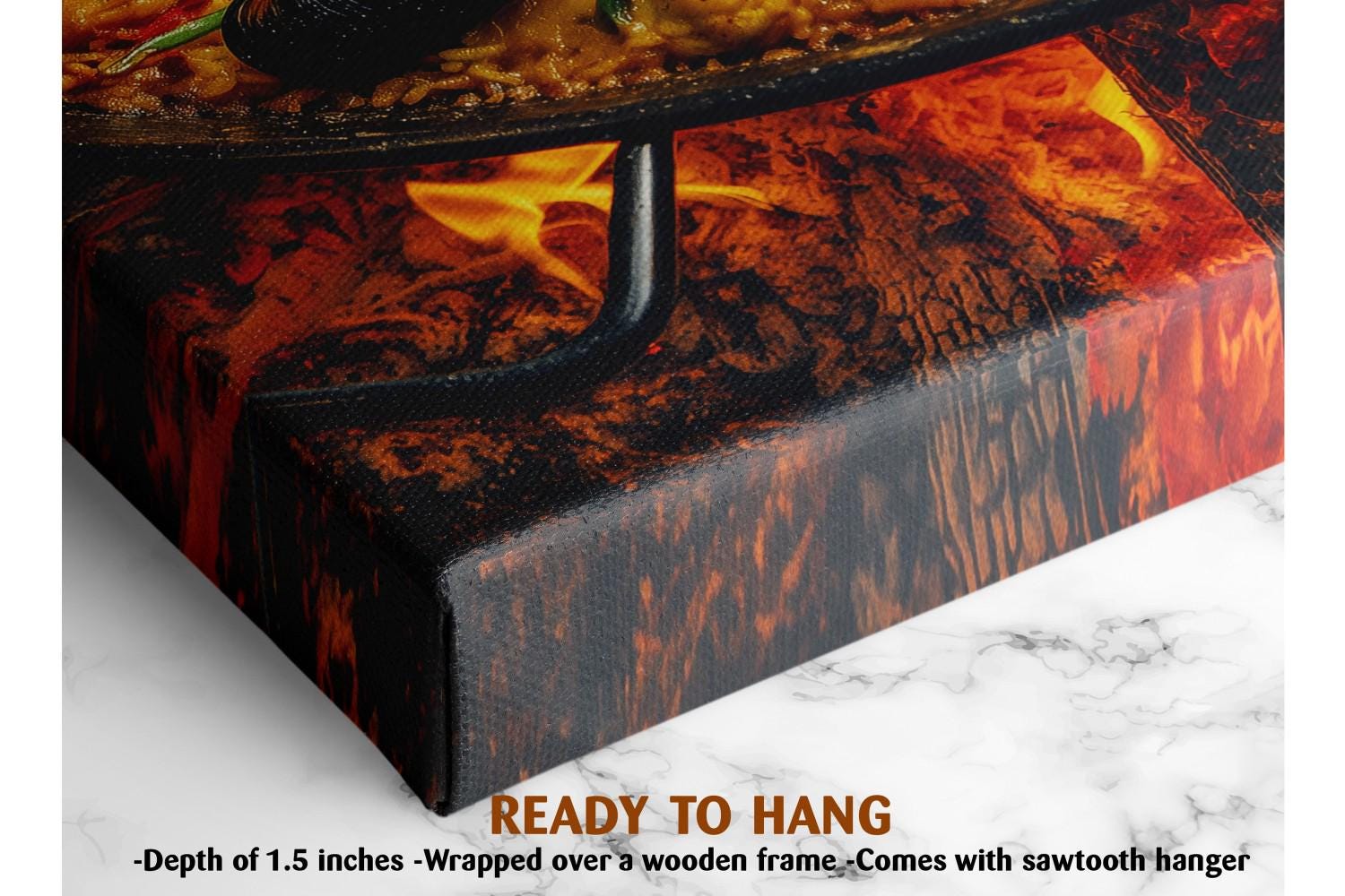 The image is a close-up of a wooden frame with a painting of a meal on it, and it is described as a ready-to-hang artwork.