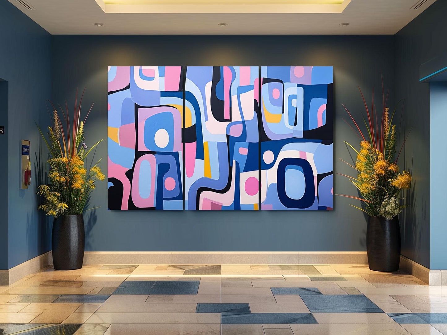 a painting on a wall in a lobby