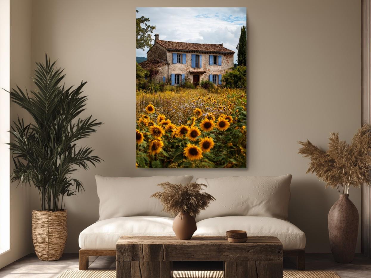 a cozy living room with a large window, a comfortable sofa, and a wooden coffee table. Above the sofa, there is a large canvas print depicting a picturesque house surrounded by a field of sunflowers.