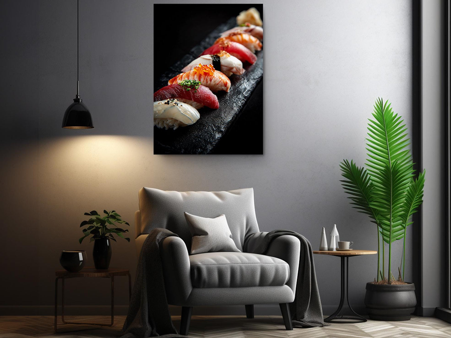 a modern living room with a gray armchair, a wooden side table, and a potted plant. Above the armchair, there is a framed photograph of sushi on a black surface.
