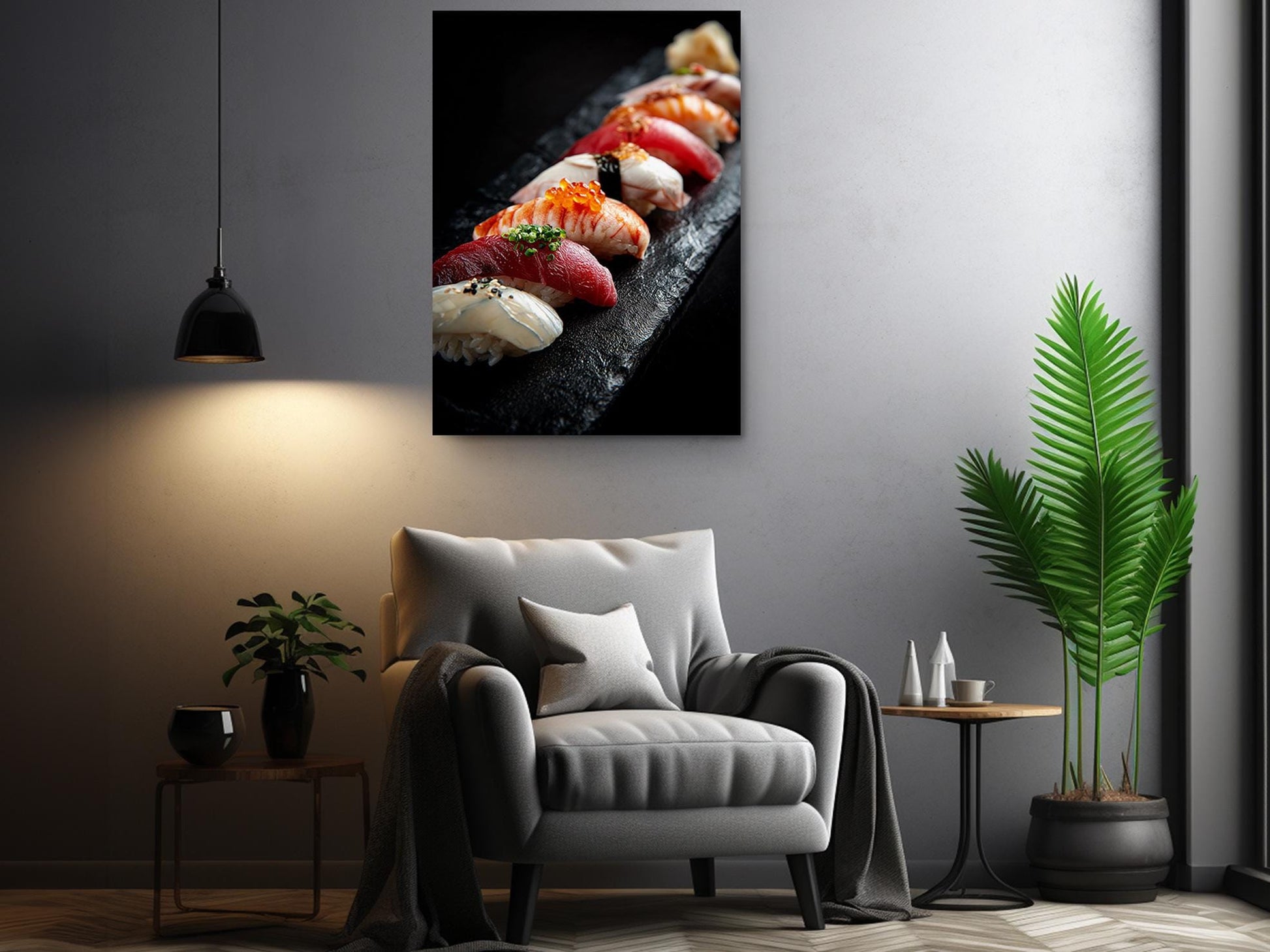 a modern living room with a gray armchair, a wooden side table, and a potted plant. Above the armchair, there is a framed photograph of sushi on a black surface.