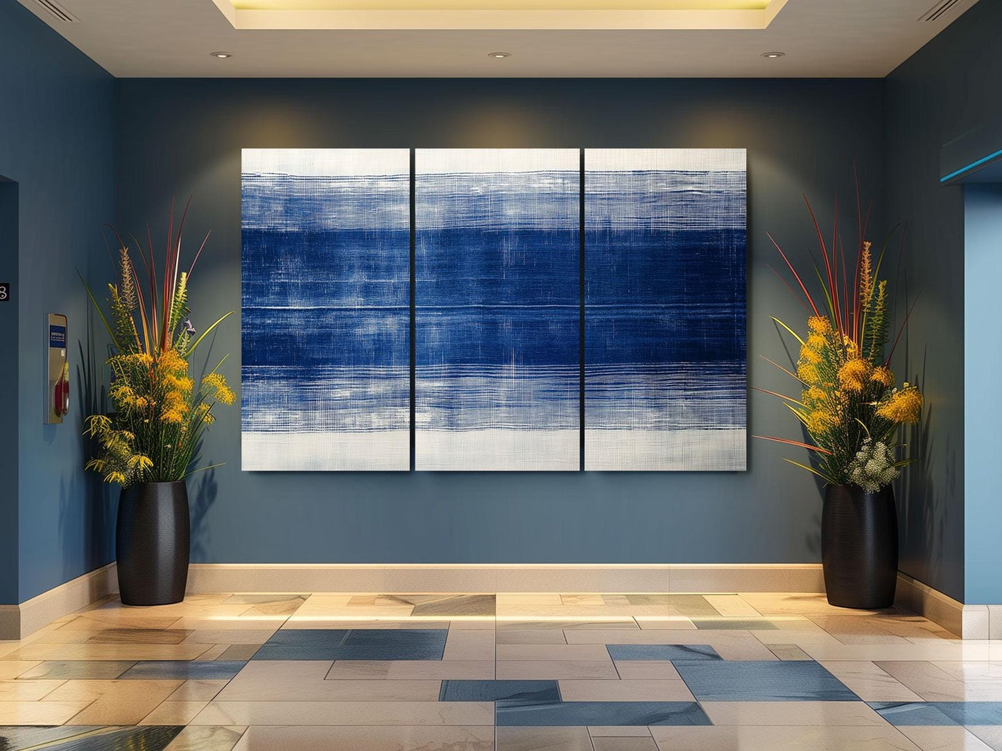 a blue and white painting on a wall in a room