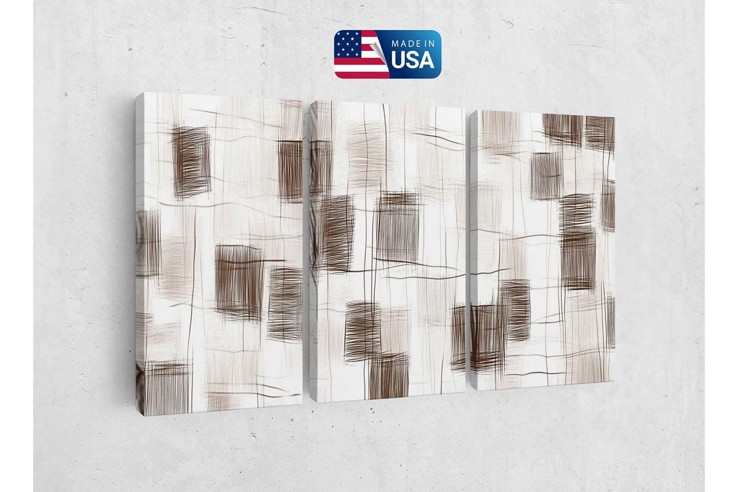 a set of three abstract paintings on a wall