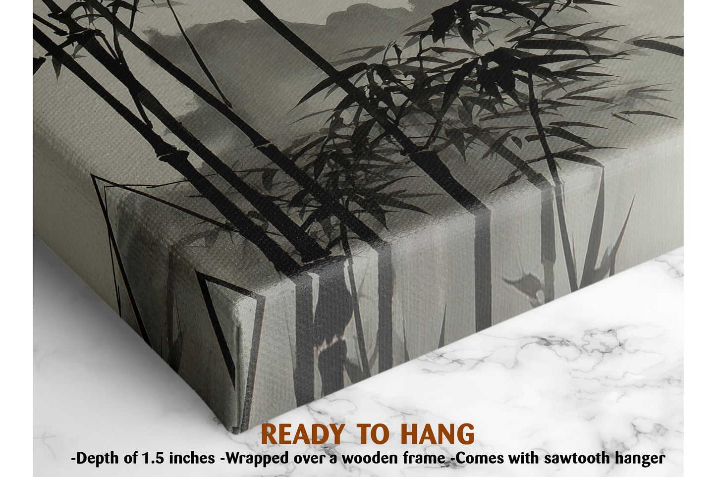 a close-up view of a bamboo-themed artwork, with the bamboo leaves and stems prominently displayed against a textured background. The artwork is framed by a wooden frame, and the text indicates that it is ready to hang.