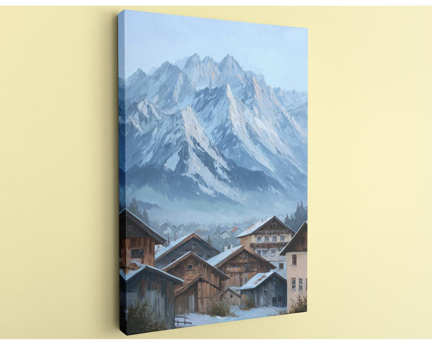 a picturesque mountain village nestled in the valley, with snow-capped peaks in the background and a quaint, rustic charm of the wooden buildings.