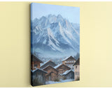 a picturesque mountain village nestled in the valley, with snow-capped peaks in the background and a quaint, rustic charm of the wooden buildings.