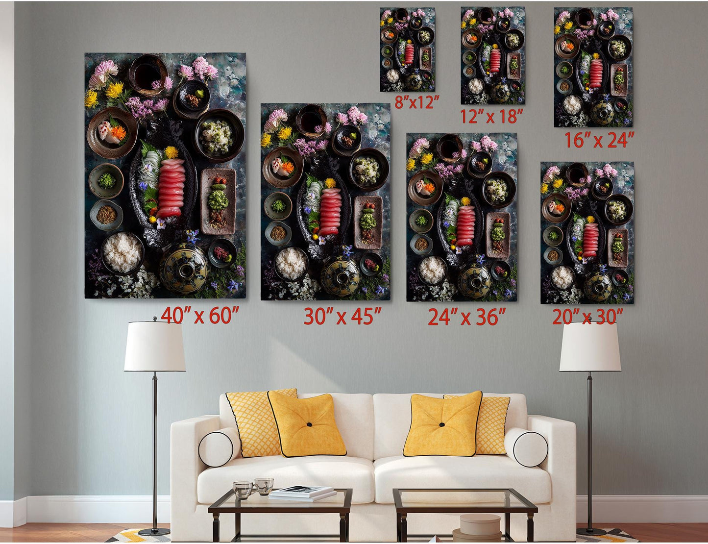 a living room with a white sofa and a coffee table. Above the sofa, there are six framed prints of various sizes displayed on the wall, depicting different scenes and objects.